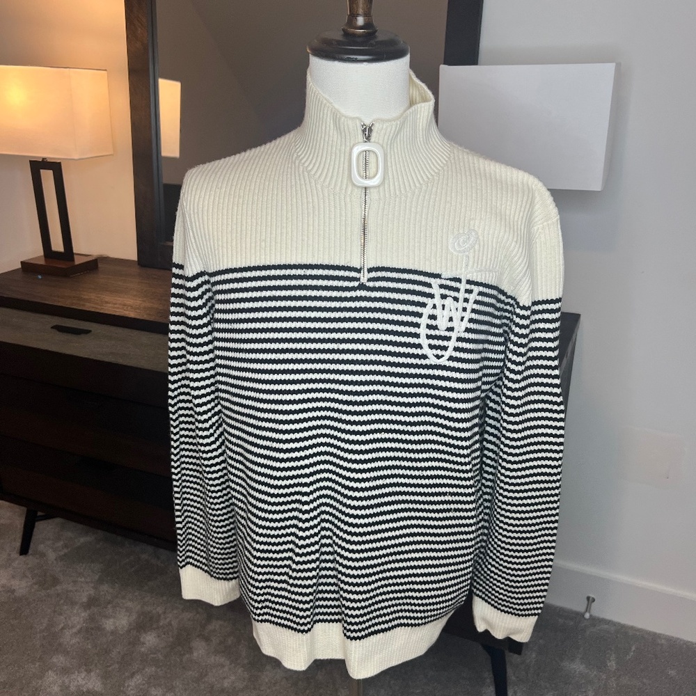 JW Anderson Logo-Embroidered Striped Ribbed Merino Wool Half-Zip Sweater. 